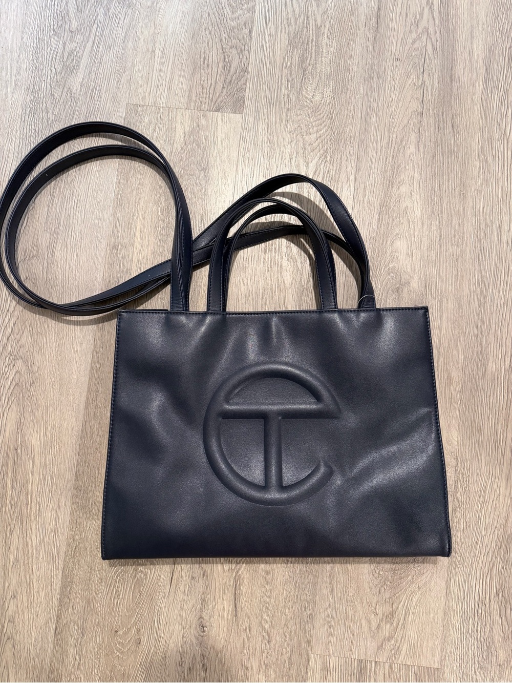 Telfar navy Leather medium Shopping Tote with Embossed Logo